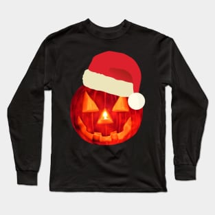 Halloween Jack O Lantern Wearing Santa Hat T-shirt Long Sleeve T-Shirt